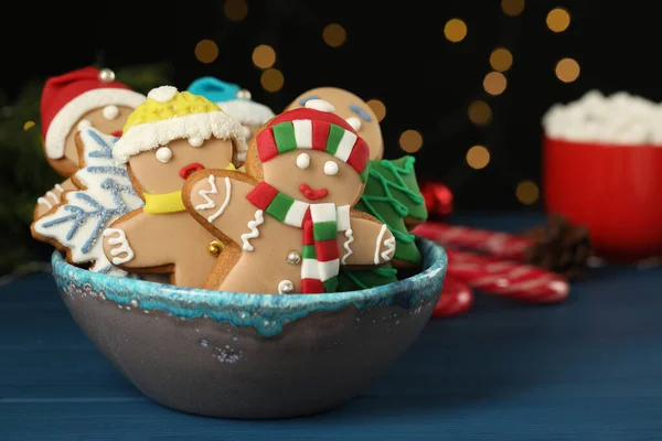 Delicious Homemade Christmas Cookies Bowl Blue Wooden Table Blurred Festive — Stock Photo, Image