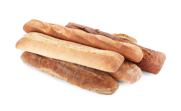 Different Tasty Baguettes White Background Fresh Bread — Stock Photo, Image