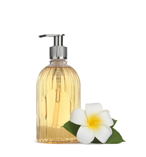 Stilvoller Spender Mit Flüssigseife Und Blume Auf Weißem Hintergrund — Stockfoto