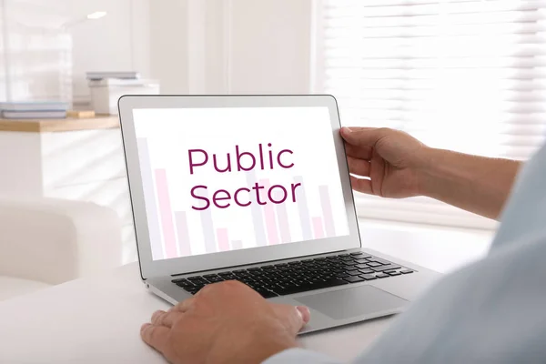 Public Sector Man Working Modern Laptop White Table Closeup — Stock Photo, Image