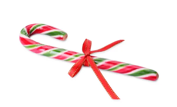 Sweet Christmas Snoep Stok Met Rode Strik Witte Achtergrond — Stockfoto
