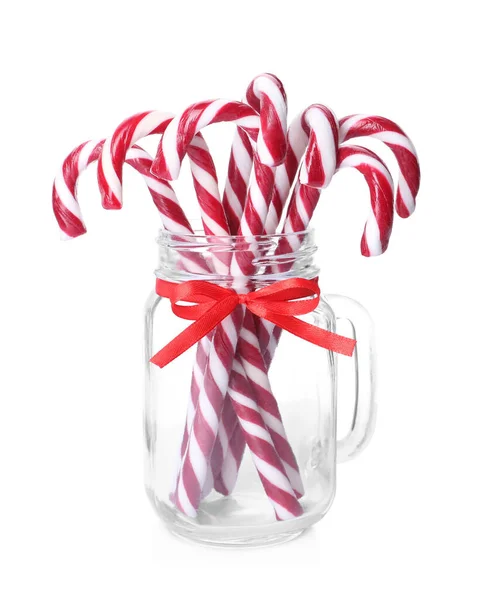 Süße Weihnachtsbonbons Glas Einmachglas Auf Weißem Hintergrund — Stockfoto