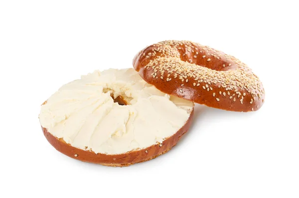 Heerlijke Verse Bagel Met Roomkaas Witte Achtergrond — Stockfoto