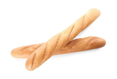 Beyaz arka planda leziz baget ekmeği, üst manzara. Taze ekmek.