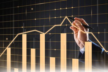 Borsa. Sanal ekranda güncel bilgileri analiz eden işadamı, yakın plan