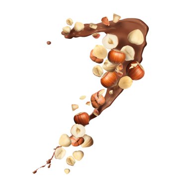 Lezzetli fındık parçaları ve beyaz arka planda uçuşan lezzetli erimiş çikolata.