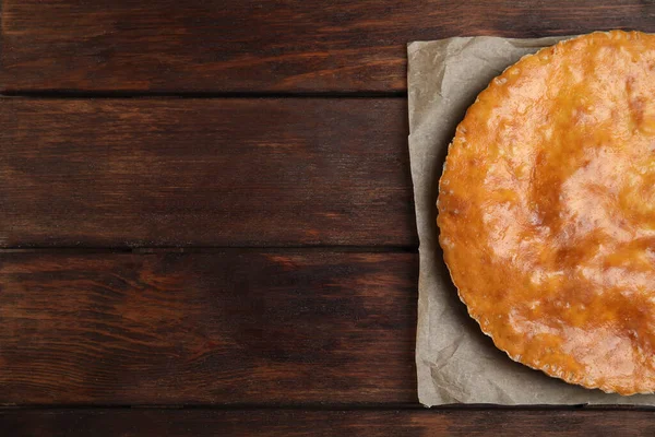 Läcker Paj Med Kött Träbord Ovanifrån Plats För Text — Stockfoto