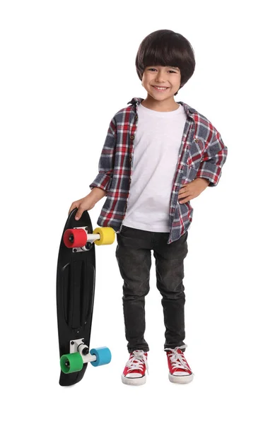 Söt Liten Pojke Med Skateboard Vit Bakgrund — Stockfoto