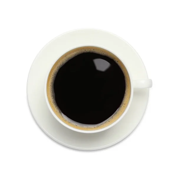 白で隔離されたホットコーヒーとソーサーのカップ トップビュー — ストック写真