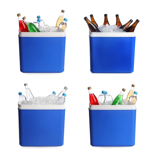 Blauwe Plastic Koelboxen Met Flesjes Witte Achtergrond Collage — Stockfoto