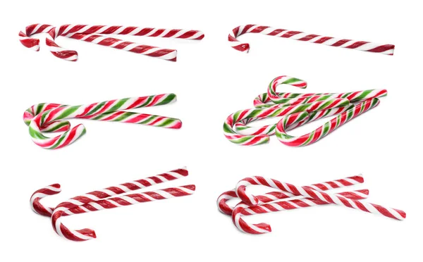 Beyaz Arka Planda Tatlı Noel Şekerleri Ile Kurulmuş — Stok fotoğraf