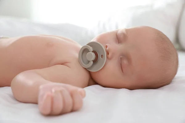 Cute Little Baby Pacifier Sleeping Bed Closeup — Stock Photo, Image