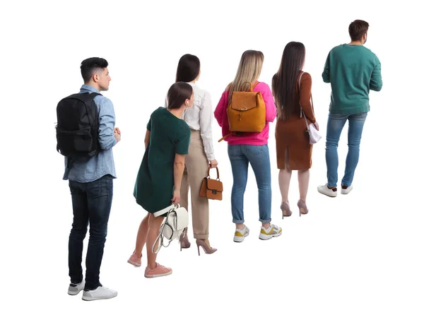 Gente Esperando Cola Sobre Fondo Blanco Vista Trasera — Foto de Stock