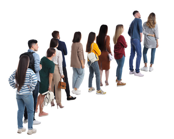 People waiting in queue on white background, back view