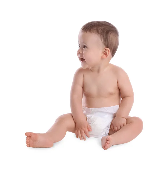 Cute Baby Dry Soft Diaper Sitting Isolated White Stock Image