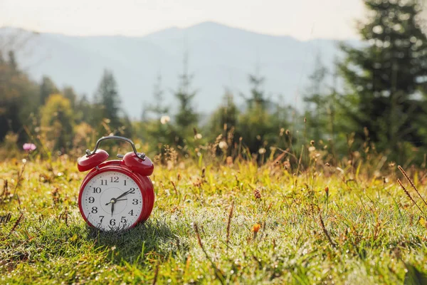 朝の屋外の草の上の赤い目覚まし時計 テキストのためのスペース — ストック写真