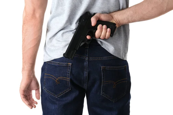 Hombre Sosteniendo Arma Detrás Espalda Sobre Fondo Blanco Primer Plano — Foto de Stock