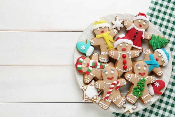 Lahodné Vánoční Sušenky Bílém Dřevěném Stole Výhled Shora Mezera Pro — Stock fotografie