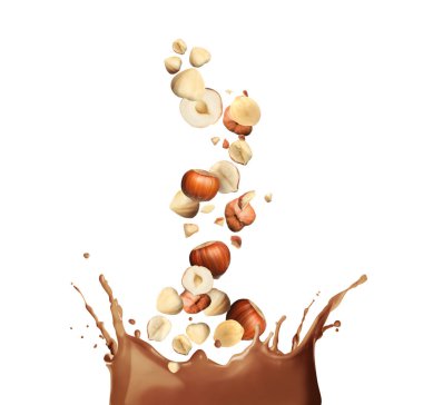 Lezzetli fındık parçaları ve beyaz arka planda erimiş çikolata.