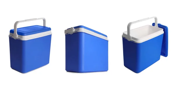 Set Modrými Plastovými Chladnými Boxy Bílém Pozadí Návrh Nápisu — Stock fotografie