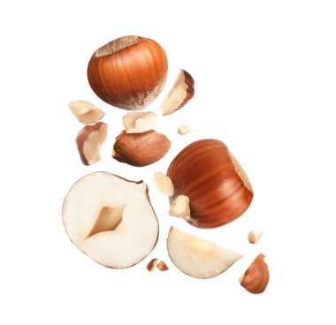 Beyaz arka plana düşen lezzetli fındık parçaları.