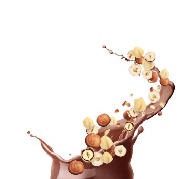 Lezzetli fındık parçaları ve beyaz arka planda uçuşan lezzetli erimiş çikolata.
