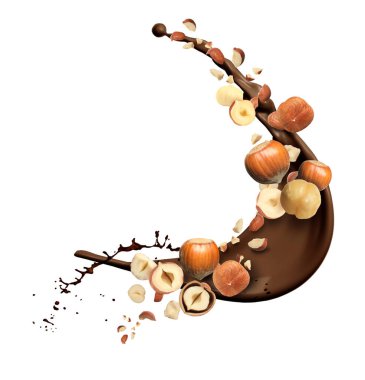 Lezzetli fındık parçaları ve beyaz arka planda uçuşan lezzetli erimiş çikolata.