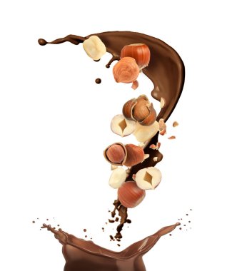 Lezzetli fındık parçaları ve beyaz arka planda uçuşan lezzetli erimiş çikolata.