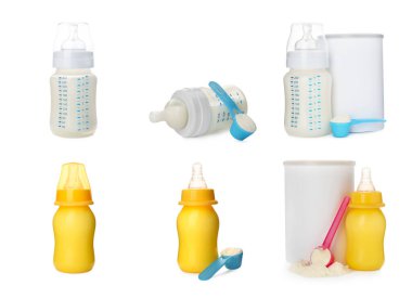 Beyaz arka planda bebek mamasıyla beslenme şişeleri, kolaj. Bebek sütü