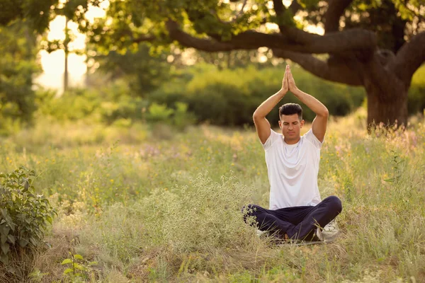 公園の緑の芝生の上で男瞑想 テキストのためのスペース — ストック写真