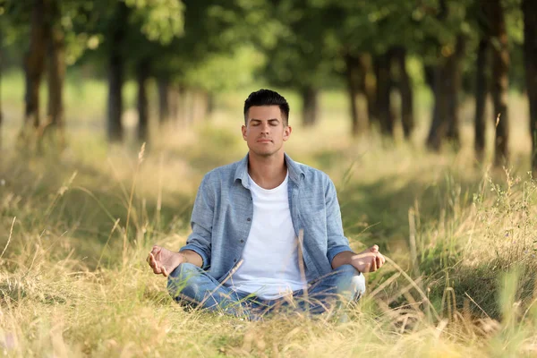 Людина Медитує Лісі Сонячний День — стокове фото