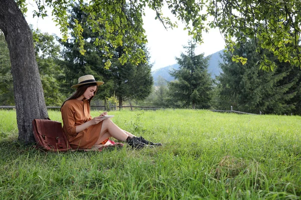 Όμορφη Νεαρή Γυναίκα Σχέδιο Μολύβι Σημειωματάριο Κοντά Δέντρο Στο Πράσινο — Φωτογραφία Αρχείου