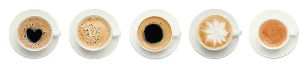 Set Con Tazas Sabroso Café Aromático Sobre Fondo Blanco Vista — Foto de Stock
