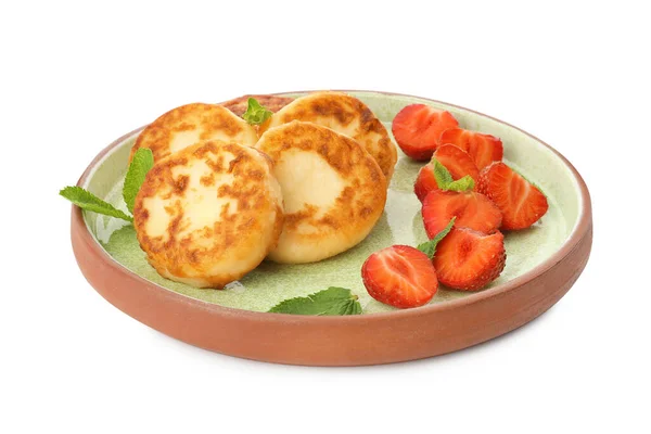 Placa Con Deliciosos Panqueques Requesón Fresas Frescas Menta Sobre Fondo — Foto de Stock