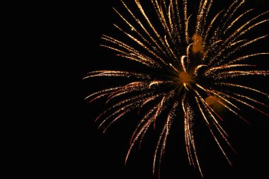 Güzel, parlak havai fişekler gece gökyüzünü aydınlatıyor.