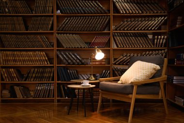 Rahat koltuk ve raflarda antika kitap koleksiyonuyla ev kütüphanesi iç mimarisi