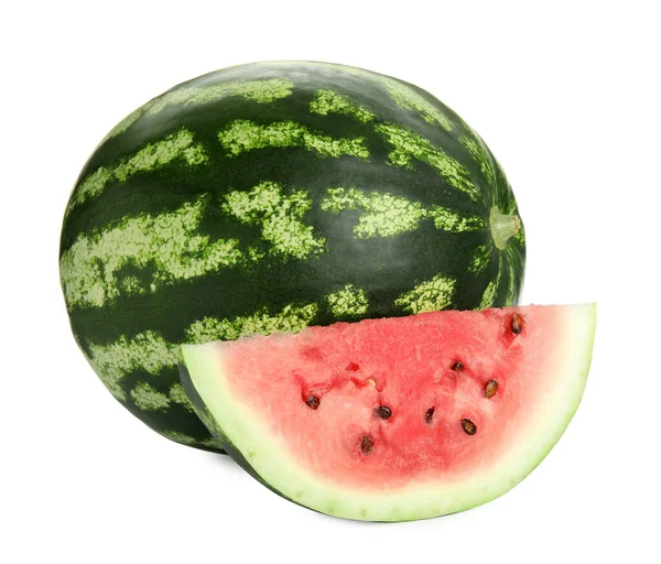 Whole Cut Delicious Ripe Watermelons White Background — Stock Photo, Image