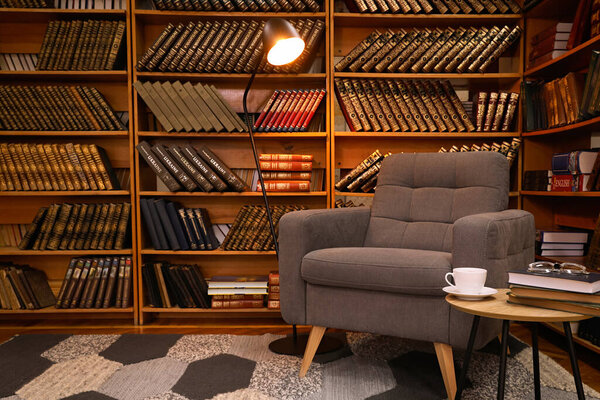 Cozy home library interior with comfortable armchair and collection of vintage books on shelves