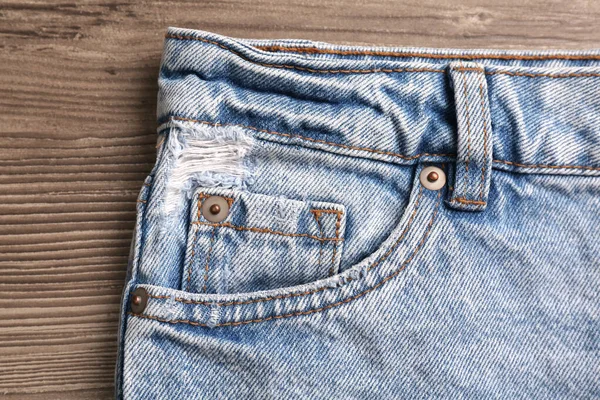 Stylish Light Blue Jeans Wooden Background Closeup Inset Pocket — Stock Photo, Image