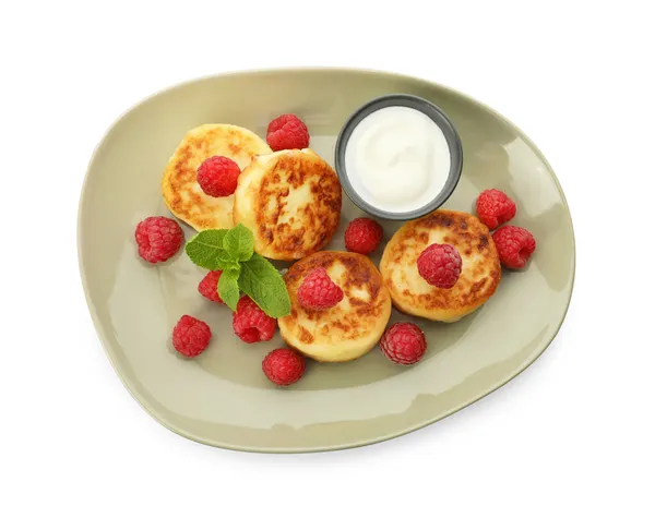 Lempeng Pancake Keju Cottage Lezat Raspberry Segar Krim Asam Dan — Stok Foto