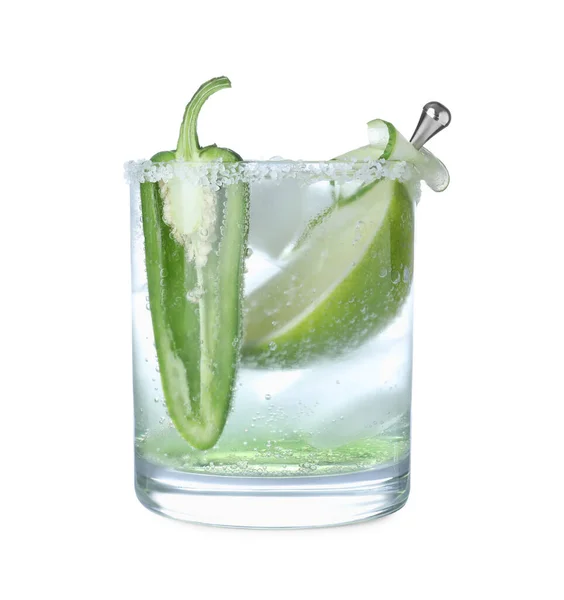 Cocktail Picante Com Jalapeno Pepino Limão Isolado Branco — Fotografia de Stock