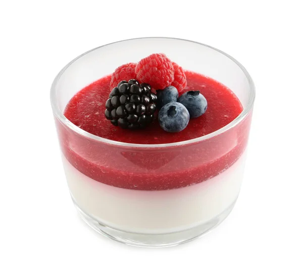 Delicious Panna Cotta Fruit Coulis Fresh Berries Isolated White — Stock Photo, Image