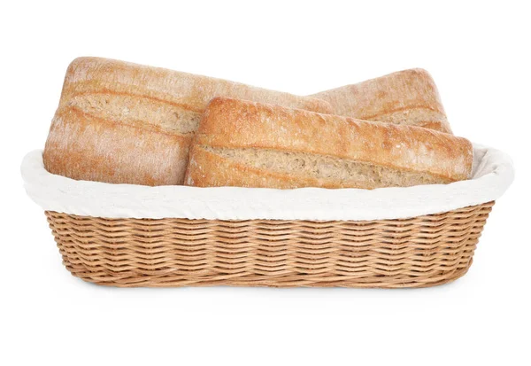 Ciabattas Crocantes Cesta Vime Isolado Branco Pão Fresco — Fotografia de Stock