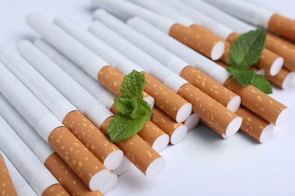 Menthol Cigarettes Fresh Mint Leaves White Background Closeup — Stock Photo, Image