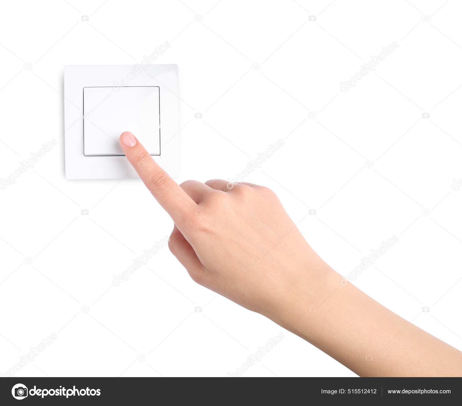 女性在白色背景下按下电灯开关——图库图片© NewAfrica #515512412, image size:1600x1407