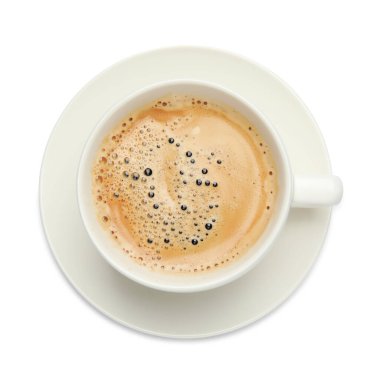 Bir fincan nefis kahve, beyaz, üst manzara.