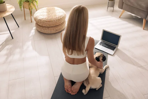 Vrouw Met Hond Kijken Online Yoga Klasse Thuis Achteraanzicht — Stockfoto