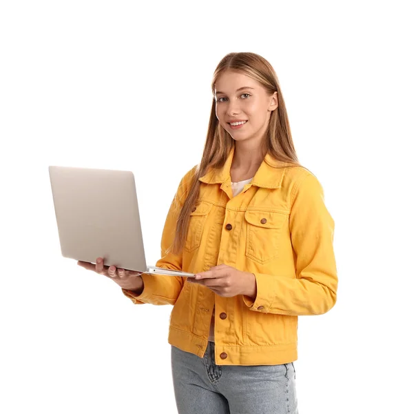 Estudante Adolescente Usando Laptop Fundo Branco — Fotografia de Stock
