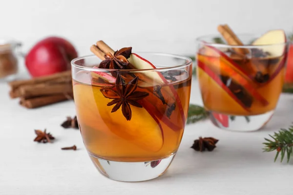 Hot Mulled Cider Ingredients Fir Branches White Wooden Table — Stock Photo, Image