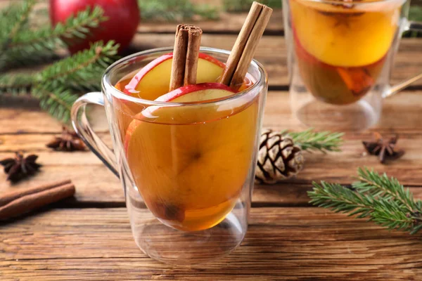 Hot Mulled Cider Fir Branches Wooden Table Closeup — Stock Photo, Image